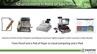Advancements in Point of Sale Software
Evolution of Point of Sale Hardware and Software have been tightly coupled in order to process a Sales Receipt
From Pencil and a Pad of Paper to cloud computing and a iPad
 