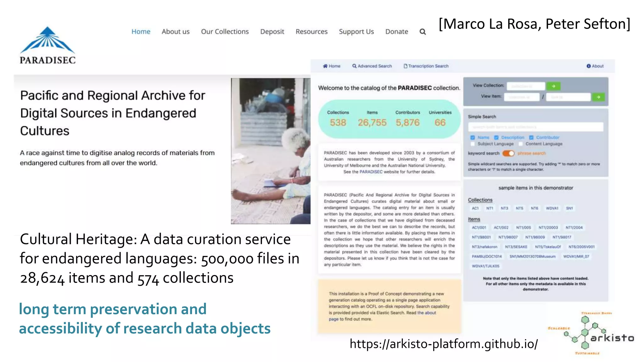 Cultural Heritage: A data curation service
for endangered languages: 500,000 files in
28,624 items and 574 collections
long term preservation and
accessibility of research data objects
https://arkisto-platform.github.io/
[Marco La Rosa, Peter Sefton]
 