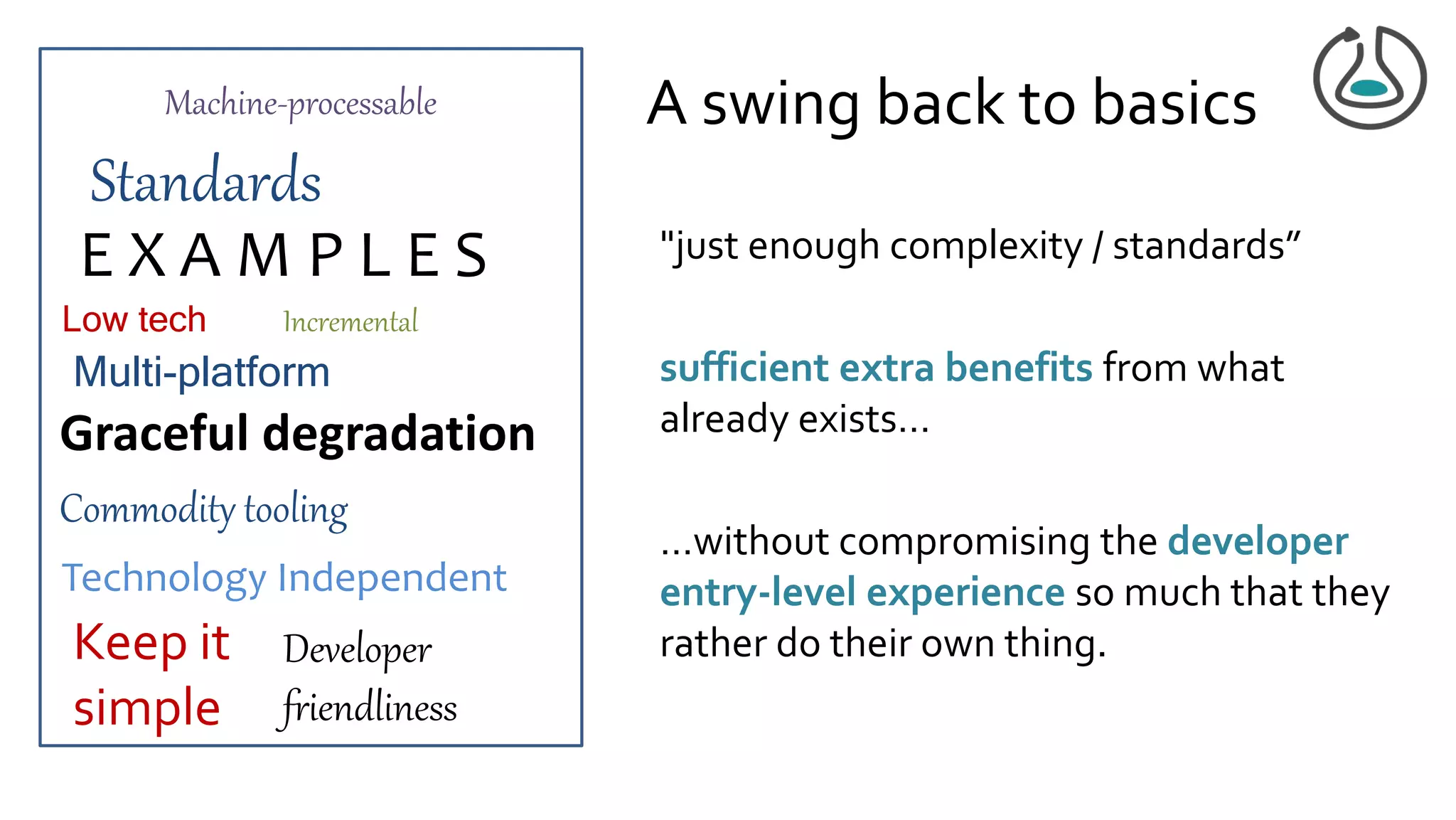 Machine-processable
Standards
Low tech
Graceful degradation
Commodity tooling
Incremental
Multi-platform
Technology Independent
Keep it
simple
E X A M P L E S
Developer
friendliness
A swing back to basics
"just enough complexity / standards”
sufficient extra benefits from what
already exists…
…without compromising the developer
entry-level experience so much that they
rather do their own thing.
 