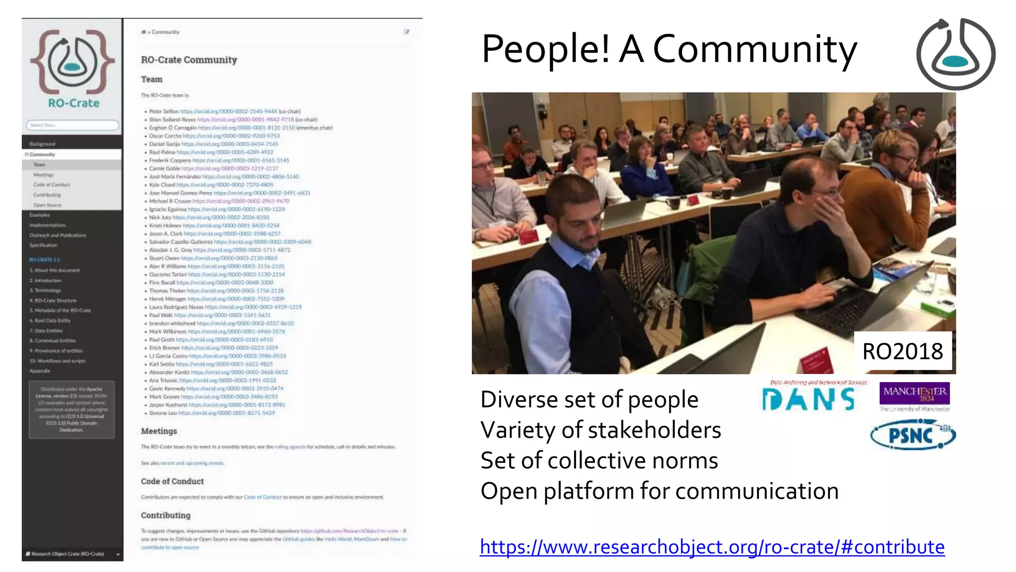 People! A Community
Sponsored
RO2018, Amsterdam
e-Science Conference
https://www.researchobject.org/ro-crate/#contribute
Diverse set of people
Variety of stakeholders
Set of collective norms
Open platform for communication
RO2018
 