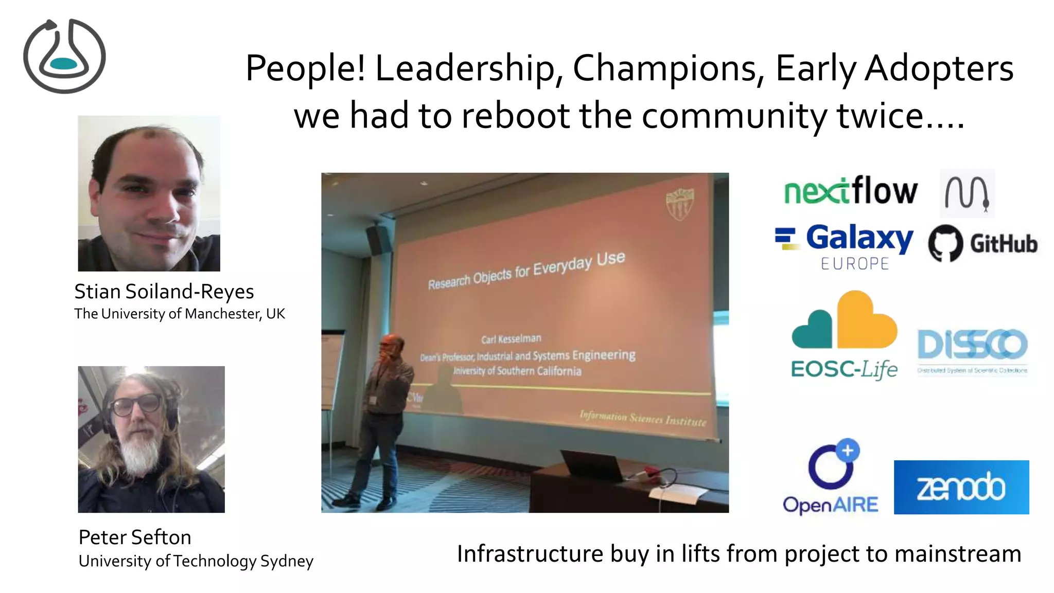 People! Leadership, Champions, Early Adopters
we had to reboot the community twice….
Stian Soiland-Reyes
The University of Manchester, UK
Peter Sefton
University ofTechnology Sydney Infrastructure buy in lifts from project to mainstream
 