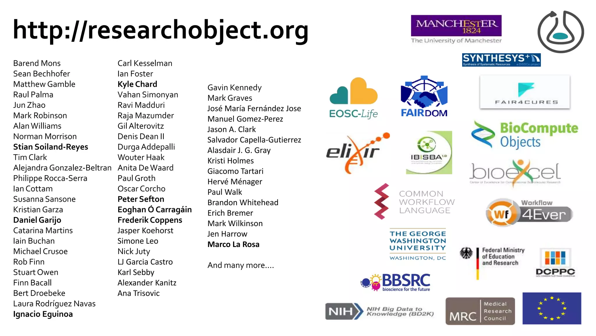 Barend Mons
Sean Bechhofer
Matthew Gamble
Raul Palma
Jun Zhao
Mark Robinson
AlanWilliams
Norman Morrison
Stian Soiland-Reyes
Tim Clark
Alejandra Gonzalez-Beltran
Philippe Rocca-Serra
Ian Cottam
Susanna Sansone
Kristian Garza
DanielGarijo
Catarina Martins
Iain Buchan
Michael Crusoe
Rob Finn
StuartOwen
Finn Bacall
Bert Droebeke
Laura Rodríguez Navas
Ignacio Eguinoa
Carl Kesselman
Ian Foster
Kyle Chard
Vahan Simonyan
Ravi Madduri
Raja Mazumder
GilAlterovitz
Denis Dean II
DurgaAddepalli
Wouter Haak
Anita DeWaard
Paul Groth
Oscar Corcho
Peter Sefton
Eoghan Ó Carragáin
FrederikCoppens
Jasper Koehorst
Simone Leo
Nick Juty
LJ Garcia Castro
Karl Sebby
Alexander Kanitz
Ana Trisovic
http://researchobject.org
Gavin Kennedy
Mark Graves
José María Fernández Jose
Manuel Gomez-Perez
Jason A. Clark
Salvador Capella-Gutierrez
Alasdair J. G. Gray
Kristi Holmes
Giacomo Tartari
Hervé Ménager
Paul Walk
Brandon Whitehead
Erich Bremer
Mark Wilkinson
Jen Harrow
Marco La Rosa
And many more....
 