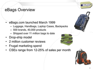 eBags Overview <ul><li>eBags.com launched March 1999 </li></ul><ul><ul><li>Luggage, Handbags, Laptop Cases, Backpacks </li...