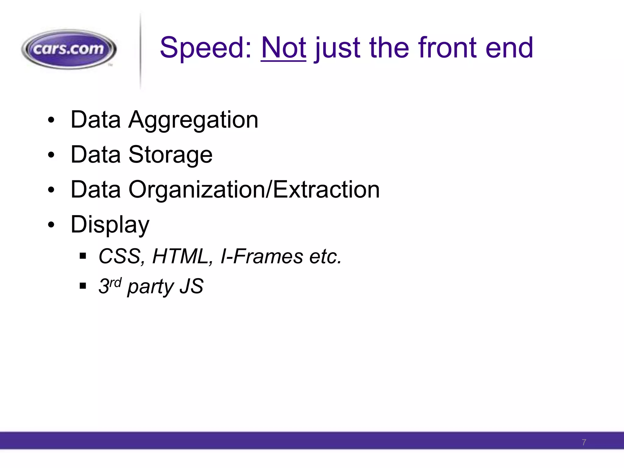 Speed: Notjust the front endData AggregationData StorageData Organization/ExtractionDisplayCSS, HTML, I-Frames etc.3rd party JS7