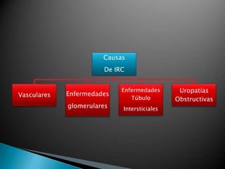 Causas
                       De IRC


                            Enfermedades      Uropatías
Vasculares   Enfermedades
                               Túbulo        Obstructivas
             glomerulares   Intersticiales
 