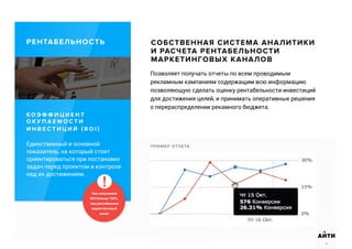 СОБСТВЕННАЯ СИСТЕМА АНАЛИТИКИ
И РАСЧЕТА РЕНТАБЕЛЬНОСТИ
МАРКЕТИНГОВЫХ КАНАЛОВ
К О Э Ф Ф И Ц И Е Н Т
О К У П А Е М О С Т И
И Н В Е С Т И Ц И Й ( R O I )
Единственный и основной
показатель, на который стоит
ориентироваться при постановке
задач перед проектом и контроле
над их достижением.
Чем полученное
ROI больше 100%,
тем рентабельнее
маркетинговый
канал
РЕНТАБЕЛЬНОСТЬ
АИТИ
8
Позволяет получать отчеты по всем проводимым
рекламным кампаниям содержащим всю информацию
позволяющую сделать оценку рентабельности инвестиций
для достижения целей, и принимать оперативные решения
о перераспределении рекамного бюджета.
ПРИМЕР ОТЧЕТА
 