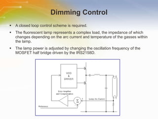 Dimming Control A closed loop control scheme is required. The fluorescent lamp represents a complex load, the impedance of which changes depending on the arc current and temperature of the gasses within the lamp. The lamp power is adjusted by changing the oscillation frequency of the MOSFET half bridge driven by the IRS2158D. 