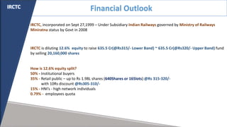 Financial OutlookIRCTC
IRCTC is diluting 12.6% equity to raise 635.5 Cr(@Rs315/- Lower Band) ~ 635.5 Cr(@Rs320/- Upper Band) fund
by selling 20,160,000 shares
How is 12.6% equity split?
50% - Institutional buyers
35% - Retail public – up to Rs 1.98L shares (640Shares or 165lots) @Rs 315-320/-
with 10Rs discount @Rs305-310/-
15% - HNI’s - high network individuals
0.79% - employees quota
IRCTC, incorporated on Sept 27,1999 – Under Subsidiary Indian Railways governed by Ministry of Railways
Miniratna status by Govt in 2008
 