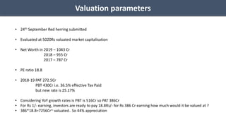 Valuation parameters
• 24th September Red herring submitted
• Evaluated at 5020Rs valuated market capitalisation
• Net Worth in 2019 – 1043 Cr
2018 – 955 Cr
2017 – 787 Cr
• PE ratio 18.8
• 2018-19 PAT 272.5Cr
PBT 430Cr i.e. 36.5% effective Tax Paid
but new rate is 25.17%
• Considering YoY growth rates is PBT is 516Cr so PAT 386Cr
• For Rs 1/- earning, investors are ready to pay 18.8Rs/- for Rs 386 Cr earning how much would it be valued at ?
• 386*18.8=7256Cr~ valuated.. So 44% appreciation
 