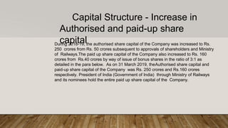 Capital Structure - Increase in
Authorised and paid-up share
capitalDuring 2018-19, the authorised share capital of the Company was increased to Rs.
250 crores from Rs. 50 crores subsequent to approvals of shareholders and Ministry
of Railways.The paid up share capital of the Company also increased to Rs. 160
crores from Rs.40 crores by way of issue of bonus shares in the ratio of 3:1 as
detailed in the para below. As on 31 March 2019, theAuthorised share capital and
paid-up share capital of the Company was Rs. 250 crores and Rs.160 crores
respectively. President of India (Government of India) through Ministry of Railways
and its nominees hold the entire paid up share capital of the Company.
 