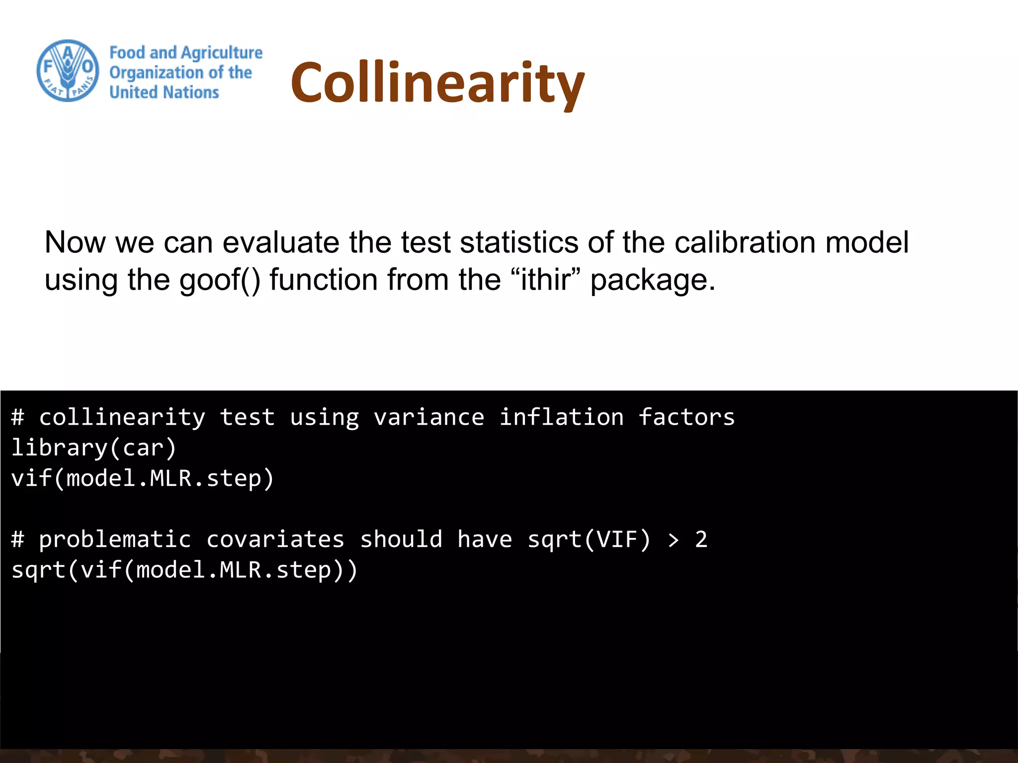 Collinearity
# collinearity test using variance inflation factors
library(car)
vif(model.MLR.step)
# problematic covariates should have sqrt(VIF) > 2
sqrt(vif(model.MLR.step))
Now we can evaluate the test statistics of the calibration model
using the goof() function from the “ithir” package.
 