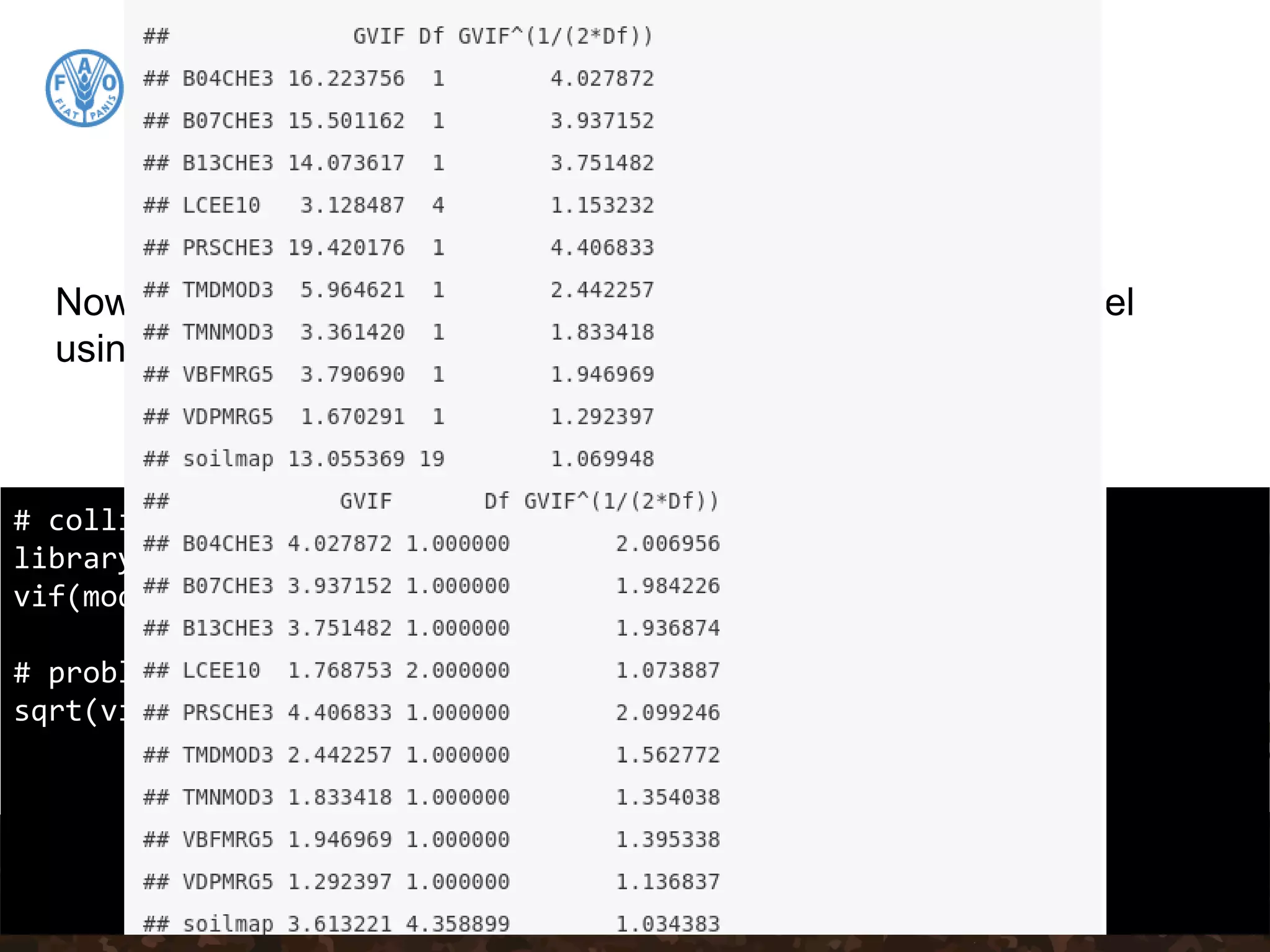 Collinearity
# collinearity test using variance inflation factors
library(car)
vif(model.MLR.step)
# problematic covariates should have sqrt(VIF) > 2
sqrt(vif(model.MLR.step))
Now we can evaluate the test statistics of the calibration model
using the goof() function from the “ithir” package.
 