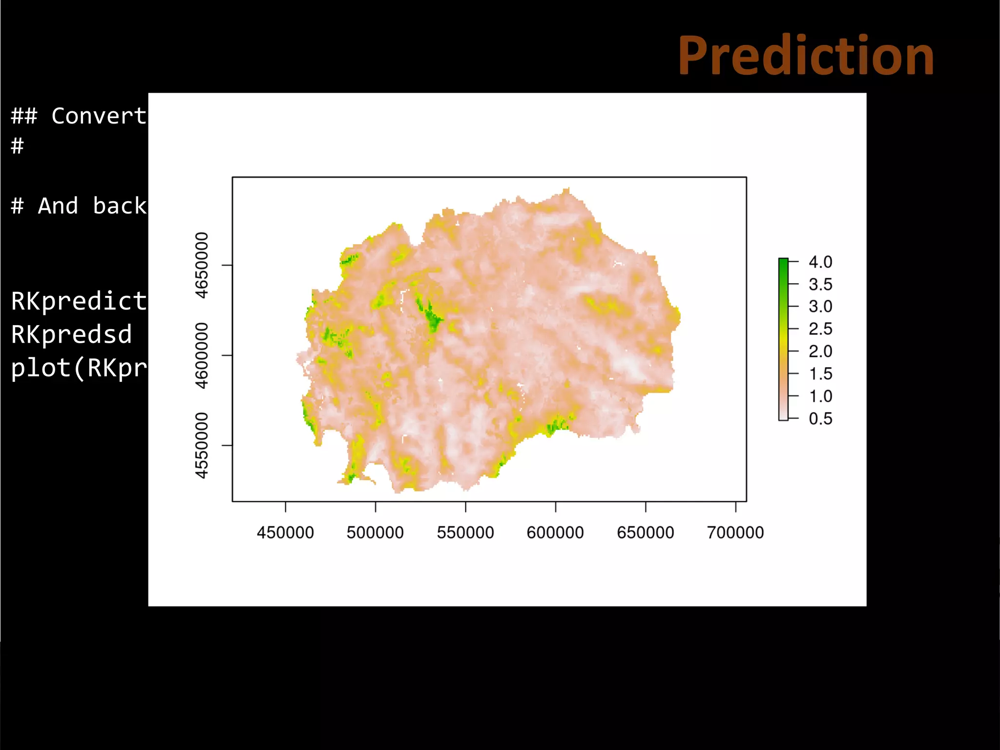 ## Convert prediction and standard deviation to rasters
#
# And back-tansform the vlaues
RKprediction <- exp(raster(OCS.krige$krige_output[1]))
RKpredsd <- exp(raster(OCS.krige$krige_output[3]))
plot(RKprediction)
Prediction
 