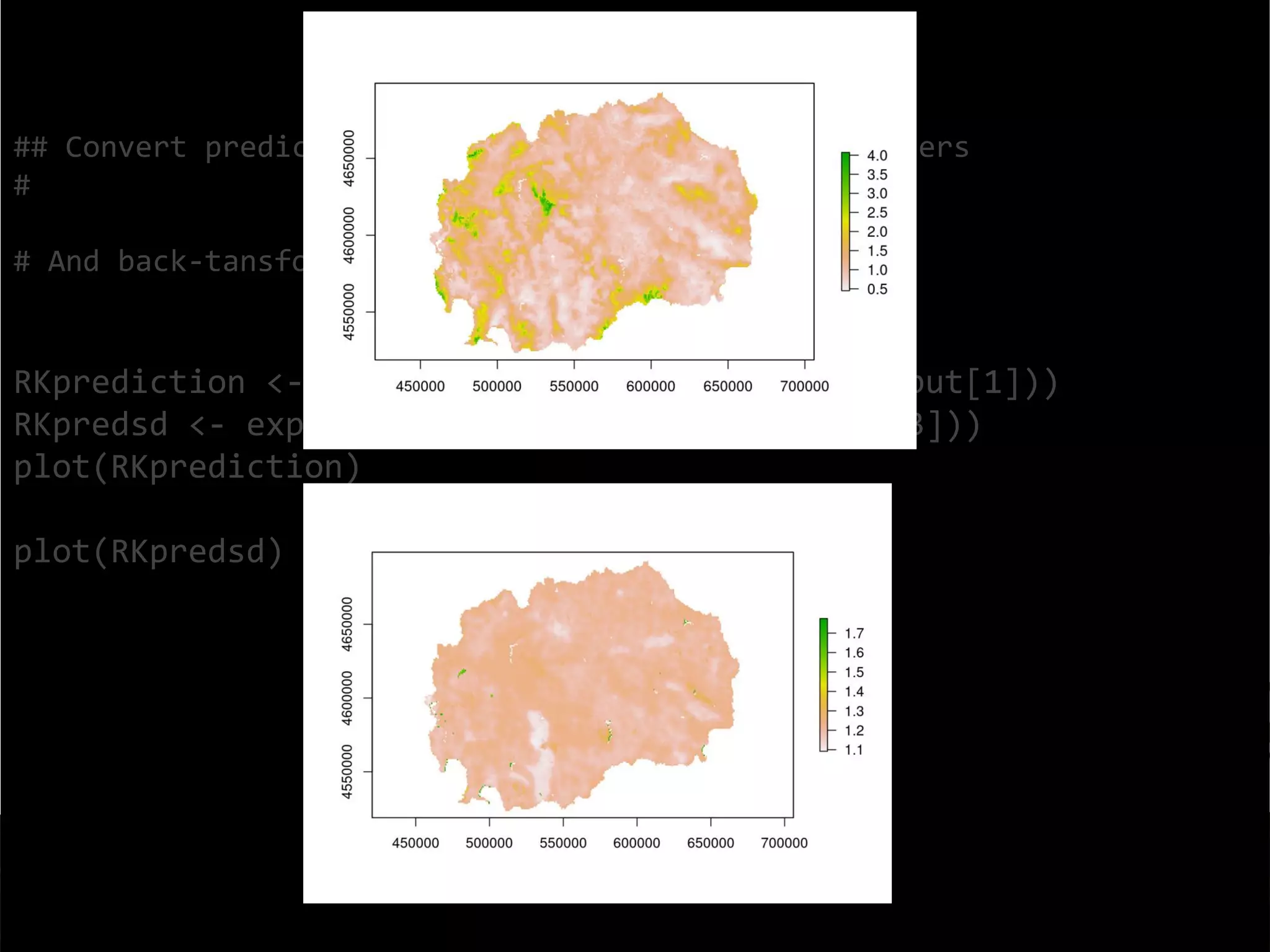 ## Convert prediction and standard deviation to rasters
#
# And back-tansform the vlaues
RKprediction <- exp(raster(OCS.krige$krige_output[1]))
RKpredsd <- exp(raster(OCS.krige$krige_output[3]))
plot(RKprediction)
plot(RKpredsd)
 