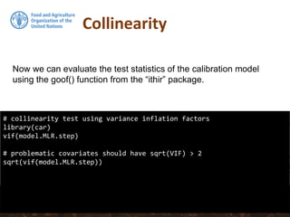Collinearity
# collinearity test using variance inflation factors
library(car)
vif(model.MLR.step)
# problematic covariates should have sqrt(VIF) > 2
sqrt(vif(model.MLR.step))
Now we can evaluate the test statistics of the calibration model
using the goof() function from the “ithir” package.
 