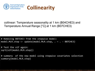 Collinearity
# Removing B07CHE3 from the stepwise model:
model.MLR.step <- update(model.MLR.step, . ~ . - B07CHE3)
# Test the vif again:
sqrt(vif(model.MLR.step))
# summary of the new model using stepwise covariates selection
summary(model.MLR.step)
collinear: Temperature seasonality at 1 km (B04CHE3) and
Temperature Annual Range [°C] at 1 km (B07CHE3)
 