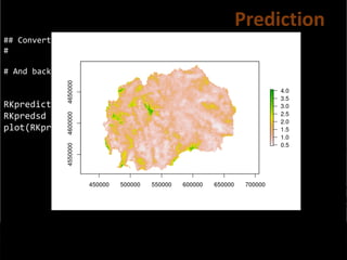 ## Convert prediction and standard deviation to rasters
#
# And back-tansform the vlaues
RKprediction <- exp(raster(OCS.krige$krige_output[1]))
RKpredsd <- exp(raster(OCS.krige$krige_output[3]))
plot(RKprediction)
Prediction
 
