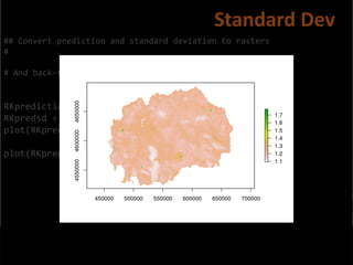 ## Convert prediction and standard deviation to rasters
#
# And back-tansform the vlaues
RKprediction <- exp(raster(OCS.krige$krige_output[1]))
RKpredsd <- exp(raster(OCS.krige$krige_output[3]))
plot(RKprediction)
plot(RKpredsd)
Standard Dev
 