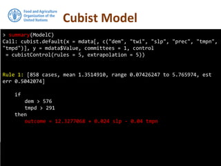 Cubist Model
Using R for Digital Soil Mapping - McBratney et al, 2016
> summary(ModelC)
Call: cubist.default(x = mdata[, c("dem", "twi", "slp", "prec", "tmpn",
"tmpd")], y = mdata$Value, committees = 1, control
= cubistControl(rules = 5, extrapolation = 5))
Rule 1: [858 cases, mean 1.3514910, range 0.07426247 to 5.765974, est
err 0.5042074]
if
dem > 576
tmpd > 291
then
outcome = 12.3277068 + 0.024 slp - 0.04 tmpn
 