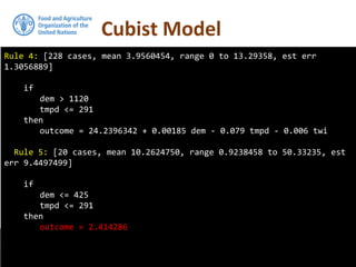Cubist Model
Using R for Digital Soil Mapping - McBratney et al, 2016
Rule 4: [228 cases, mean 3.9560454, range 0 to 13.29358, est err
1.3056889]
if
dem > 1120
tmpd <= 291
then
outcome = 24.2396342 + 0.00185 dem - 0.079 tmpd - 0.006 twi
Rule 5: [20 cases, mean 10.2624750, range 0.9238458 to 50.33235, est
err 9.4497499]
if
dem <= 425
tmpd <= 291
then
outcome = 2.414286
 