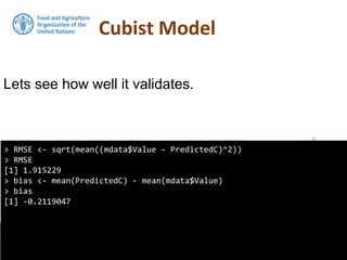 Cubist Model
Using R for Digital Soil Mapping - McBratney et al, 2016
> RMSE <- sqrt(mean((mdata$Value - PredictedC)^2))
> RMSE
[1] 1.915229
> bias <- mean(PredictedC) - mean(mdata$Value)
> bias
[1] -0.2119047
Lets see how well it validates.
 