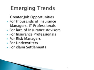 Greater Job Opportunities
   For thousands of Insurance
    Managers, IT Professionals
   For lacs of Insurance Advisors
   For Insurance Professionals
   For Risk Managers
   For Underwriters
   For claim Settlements




                                     14
 