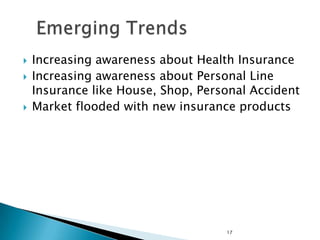    Increasing awareness about Health Insurance
   Increasing awareness about Personal Line
    Insurance like House, Shop, Personal Accident
   Market flooded with new insurance products




                                    17
 