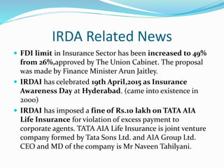 IRDA Related News
 FDI limit in Insurance Sector has been increased to 49%
from 26%,approved by The Union Cabinet. The proposal
was made by Finance Minister Arun Jaitley.
 IRDAI has celebrated 19th April,2015 as Insurance
Awareness Day at Hyderabad. (came into existence in
2000)
 IRDAI has imposed a fine of Rs.10 lakh on TATA AIA
Life Insurance for violation of excess payment to
corporate agents. TATA AIA Life Insurance is joint venture
company formed by Tata Sons Ltd. and AIA Group Ltd.
CEO and MD of the company is Mr Naveen Tahilyani.
 
