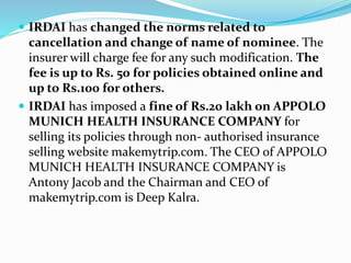  IRDAI has changed the norms related to
cancellation and change of name of nominee. The
insurer will charge fee for any such modification. The
fee is up to Rs. 50 for policies obtained online and
up to Rs.100 for others.
 IRDAI has imposed a fine of Rs.20 lakh on APPOLO
MUNICH HEALTH INSURANCE COMPANY for
selling its policies through non- authorised insurance
selling website makemytrip.com. The CEO of APPOLO
MUNICH HEALTH INSURANCE COMPANY is
Antony Jacob and the Chairman and CEO of
makemytrip.com is Deep Kalra.
 