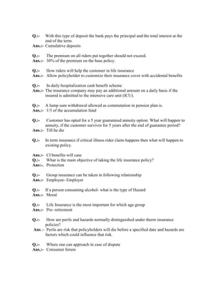 Q.:- With this type of deposit the bank pays the principal and the total interest at the
end of the term.
Ans.:- Cumulative deposits
Q.:- The premium on all riders put together should not exceed.
Ans.:- 30% of the premium on the base policy.
Q.:- How riders will help the customer in life insurance
Ans.:- Allow policyholder to customize their insurance cover with accidental benefits
Q.:- In daily hospitalization cash benefit scheme
Ans.:- The insurance company may pay an additional amount on a daily basis if the
insured is admitted to the intensive care unit (ICU).
Q.:- A lump sum withdrawal allowed as commutation in pension plan is.
Ans.:- 1/3 of the accumulation fund
Q.:- Customer has opted for a 5 year guaranteed annuity option. What will happen to
annuity, if the customer survives for 5 years after the end of guarantee period?
Ans.:- Till he die
Q.:- In term insurance if critical illness rider claim happens then what will happen to
existing policy.
Ans.:- CI benefits will case
Q.:- What is the main objective of taking the life insurance policy?
Ans:-. Protection
Q.:- Group insurance can be taken in following relationship
Ans.:- Employee- Employer
Q.:- If a person consuming alcohol- what is the type of Hazard
Ans.:- Moral
Q.:- Life Insurance is the most important for which age group
Ans.:- Pre- retirement
Q.:- How are perils and hazards normally distinguished under therm insurance
policies?
Ans.:- Perils are risk that policyholders will die before a specified date and hazards are
factors which could influence that risk.
Q.:- Where one can approach in case of dispute
Ans.:- Consumer forum
 