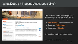 This post was written by HubSpot CEO
Brian Halligan in July 2010. In 2015, it:
● Still ranks #1 in Google searches
● Received 17,854 views
● Generated 117 leads
5 Years later, still moving the needle.
What Does an Inbound Asset Look Like?
Article ranks #1 for “inbound marketing vs outbound marketing”
18
 