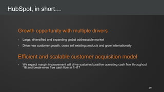 HubSpot, in short…
Growth opportunity with multiple drivers
- Large, diversified and expanding global addressable market
- Drive new customer growth, cross sell existing products and grow internationally
Efficient and scalable customer acquisition model
- We expect margin improvement will drive sustained positive operating cash flow throughout
‘16 and break-even free cash flow in 1H17
29
 