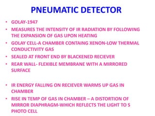 PNEUMATIC DETECTOR
• GOLAY-1947
• MEASURES THE INTENSITY OF IR RADIATION BY FOLLOWING
THE EXPANSION OF GAS UPON HEATING
• GOLAY CELL-A CHAMBER CONTAING XENON-LOW THERMAL
CONDUCTIVITY GAS
• SEALED AT FRONT END BY BLACKENED RECIEVER
• REAR WALL- FLEXIBLE MEMBRANE WITH A MIRRORED
SURFACE
• IR ENERGY FALLING ON RECIEVER WARMS UP GAS IN
CHAMBER
• RISE IN TEMP OF GAS IN CHAMBER – A DISTORTION OF
MIRROR DIAPHRAGM-WHICH REFLECTS THE LIGHT TO S
PHOTO CELL
 