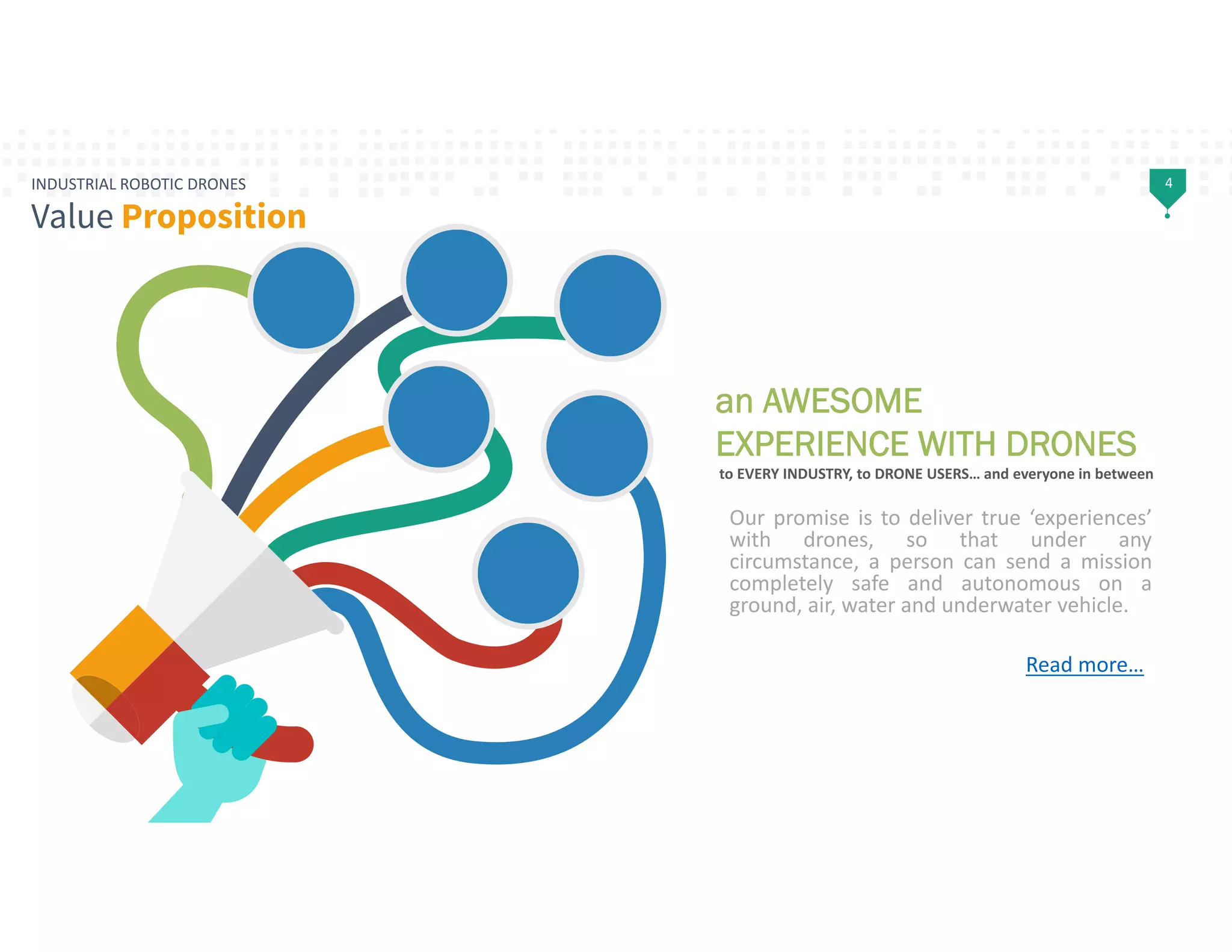 4INDUSTRIAL ROBOTIC DRONES
Value Proposition
Our promise is to deliver true ‘experiences’
with drones, so that under any
circumstance, a person can send a mission
completely safe and autonomous on a
ground, air, water and underwater vehicle.
an AWESOME
EXPERIENCE WITH DRONES
to EVERY INDUSTRY, to DRONE USERS… and everyone in between
Read more…
 