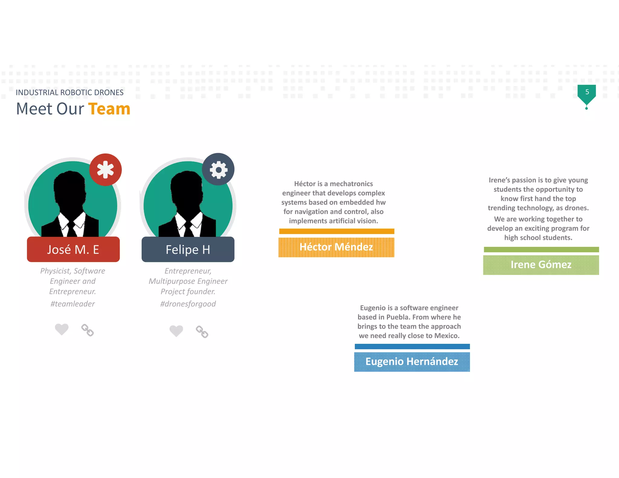 5INDUSTRIAL ROBOTIC DRONES
Meet Our Team
Felipe H
Entrepreneur, 
Multipurpose Engineer 
Project founder.
#dronesforgood
♥ 

José M. E
Physicist, Software 
Engineer and 
Entrepreneur.
#teamleader
♥ 
*
Héctor Méndez
Héctor is a mechatronics 
engineer that develops complex 
systems based on embedded hw
for navigation and control, also 
implements artificial vision.
Eugenio Hernández
Eugenio is a software engineer 
based in Puebla. From where he 
brings to the team the approach 
we need really close to Mexico.
Irene Gómez
Irene’s passion is to give young 
students the opportunity to 
know first hand the top 
trending technology, as drones.
We are working together to 
develop an exciting program for 
high school students. 
 