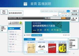 首頁 區塊說明
單位
logo
單位名稱
一般、進
階查詢
首頁書架：
PDA
館藏
跨館借閱
自訂
書籍、
學科分
類
功能列
12
範例圖書館專頁
 