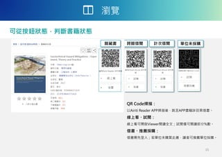 瀏覽
15
跨館借閱 單位未採購
QR Code掃描：
以Airiti Reader APP掃描後，跳至APP書籍詳目頁借書。
線上看、試閱：
線上看可開啟Viewer閱讀全文；試閱僅可閱讀部分%數。
借書、推薦採購：
借書需先登入；若單位未購買此書，讀者可推薦單位採購。
可從按鈕狀態，判斷書籍狀態
計次借閱
館藏書
 