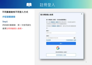 註冊登入
不同圖書館有不同登入方式
IP認證圖書館
5
Step1
IP認證的圖書館，第一次使用請先
選擇註冊華藝個人會員。
 