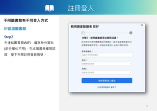 註冊登入
不同圖書館有不同登入方式
IP認證圖書館
6
Step2
先連結圖書館WIFI，填寫身分資料
(部分單位不用)，完成圖書館權限認
證，接下來需註冊會員帳號。
 
