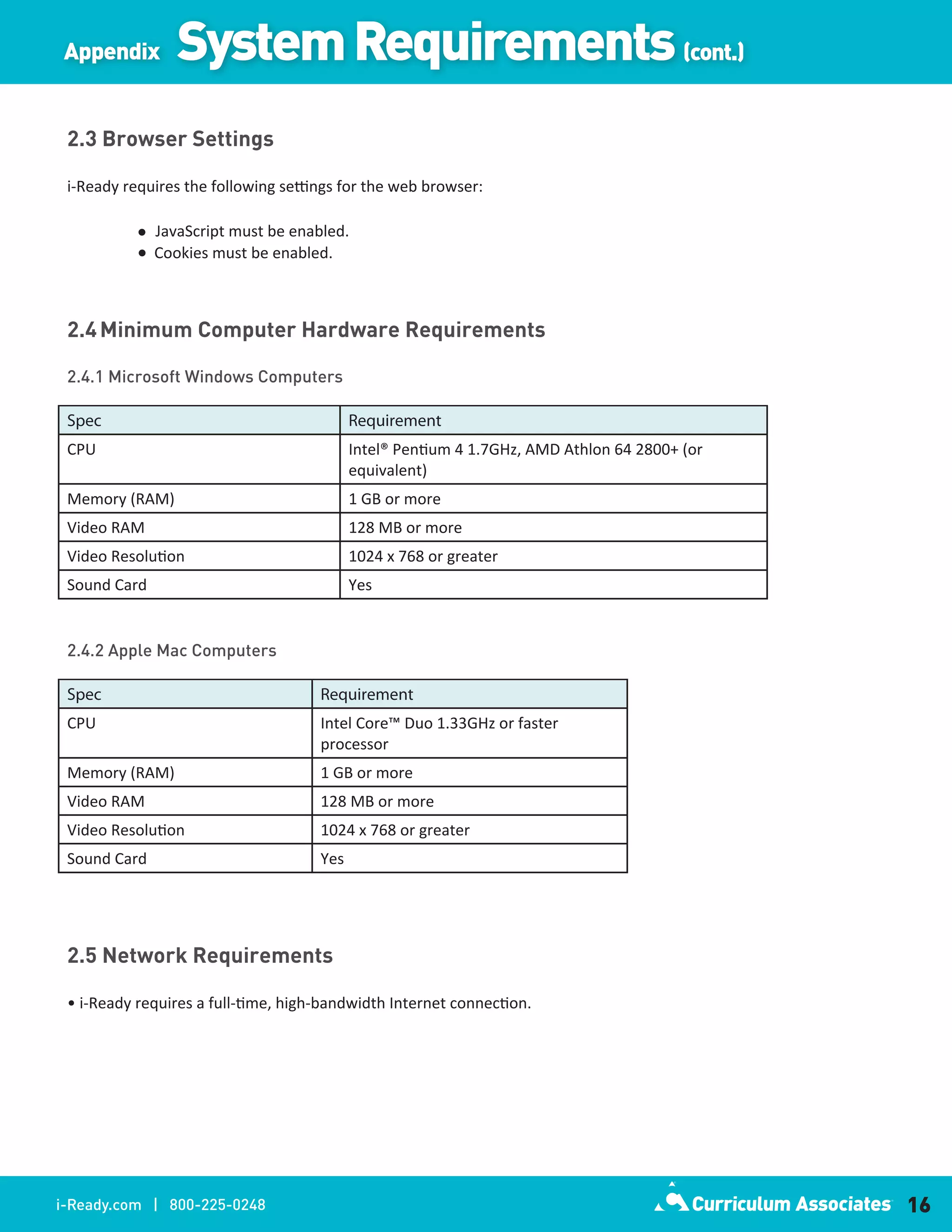 Appendix         System Requirements (cont.)
 2.3 Browser Settings

 i-Ready requires the following settings for the web browser:

              JavaScript must be enabled.
              Cookies must be enabled.



 2.4 Minimum Computer Hardware Requirements

 2.4.1 Microsoft Windows Computers

 Spec                                      Requirement
 CPU                                       Intel® Pentium 4 1.7GHz, AMD Athlon 64 2800+ (or
                                           equivalent)
 Memory (RAM)                              1 GB or more
 Video RAM                                 128 MB or more
 Video Resolution                          1024 x 768 or greater
 Sound Card                                Yes


 2.4.2 Apple Mac Computers

 Spec                                Requirement
 CPU                                 Intel Core™ Duo 1.33GHz or faster
                                     processor
 Memory (RAM)                        1 GB or more
 Video RAM                           128 MB or more
 Video Resolution                    1024 x 768 or greater
 Sound Card                          Yes




 2.5 Network Requirements

 • i-Ready requires a full-time, high-bandwidth Internet connection.




i-Ready.com | 800-225-0248                                                                    16
 