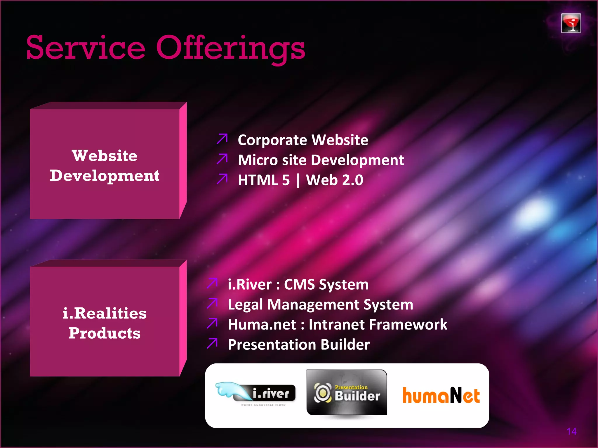 Service Offerings

                ↗ Corporate Website
   Website      ↗ Micro site Development
 Development    ↗ HTML 5 | Web 2.0




                ↗   i.River : CMS System
                ↗   Legal Management System
  i.Realities
                ↗   Huma.net : Intranet Framework
   Products
                ↗   Presentation Builder




                                                    14
 