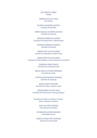 LUIZ PIMENTEL SOBRAL
Prefeito
HISIDORA ALVES DE SOUSA
Vice-Prefeita
RICARDO GUILHERME KUENTZER
Secretário de Gabinete
HEBERT DOUGLAS DE BARROS GOUVEIA
Secretário de Governo
FRANCISCO BARBOSA DE ARAÚJO
Secretário de Planejamento e Administração
FRANCISCO BARBOSA DE ARAÚJO
Secretário de Fazenda
AMARO PINTO DA SILVA JUNIOR
Secretário de Agricultura e Política Rural
AMARO PINTO DA SILVA JUNIOR
Secretário de Meio Ambiente e Desenvolvimento Sustentável
EUNIMÁRIA SOARES MACIEL
Secretária de Assistência Social
BRUNA CARLA DE CASTRO FERNANDES
Secretária de Saúde
CYNTHIA SALUM DOURADO PRAXEDES
Secretária de Educação
ÂNGELO FONTES DOURADO
Secretário de Cultura, Esporte e Lazer
EDGARD MÁRIO DA SILVA FILHO
Secretário de Infraestrutura e Serviços Públicos
Secretário do Comércio, Indústria, Serviços,
Micro e Pequenas Empresas
ALINE DA CUNHA SANTANA
Procuradora do Município
EDIVANILSON ALECRIM MACHADO
Controlador Interno
DANIEL DE SOUZA PINTO SANTANA
Assessor de Comunicação
 