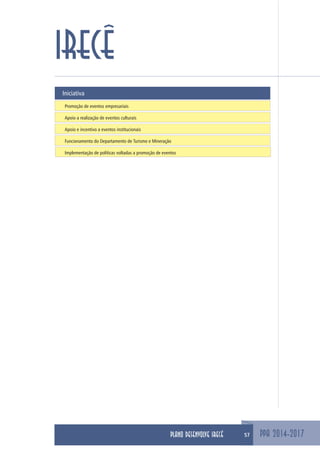 PPA 2014-2017
IRECÊ
Iniciativa
Promoção de eventos empresariais
Apoio a realização de eventos culturais
Apoio e incentivo a eventos institucionais
Funcionamento do Departamento de Turismo e Mineração
Implementação de políticas voltadas a promoção de eventos
57PLANO DESENVOLVE IRECÊ
 
