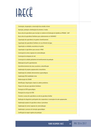 Construção, recuperação e conservação das estradas vicinais
Aquisição, produção e distribuição de sementes e mudas
Busca ativa de agricultores para inscrição no cadastro de Declaração de Aptidão ao PRONAF - DAP
Busca ativa de agricultores familiares para cadastramento no CADUNICO
Capacitação dos agricultores em gestão e beneficiamento
Capacitação dos agricultores familiares em uso eficiente da água
Capacitação as entidades associativas em gestão
Capacitação os agricultores para acessar o PNAE
Construção de centros regionais de comercialização
Construção de entreposto de mel
Construção de unidade polivalente de beneficiamento da produção
Elaboração de perfis agroindustriais
Georreferenciamento das áreas suscetíveis a desertificação
Implantação de projetos agropecuários comunitários
Implantação de unidades demonstrativas agroecológicas
Implantação PAA modalidade misto
Modernização da CENABI
Identificação, Organização e Apoio às cadeias produtivos
Preparo de solo para agricultores familiares
Prestação de ATER agroecológica
Prestação de serviços de ATER
Fomento o acesso dos agricultores ao selo da agricultura familiar
Realização do diagnóstico participativo das cooperativas e associações do setor agropecuário
Implantação projetos de agricultura urbana e periurbana
Implantação de centros regionais de comercialização
Implantação o processo de transição agroecológica
Certificação da origem orgânica da produção
PPA 2014-2017
IRECÊ
63PLANO DESENVOLVE IRECÊ
 