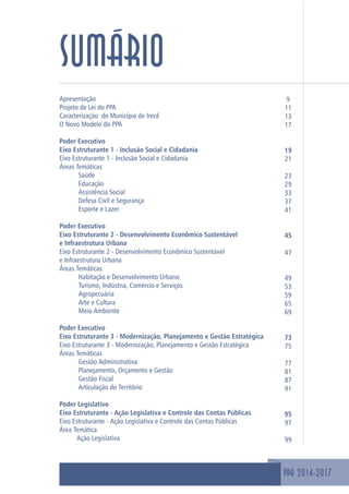 sumário
Apresentação
Projeto de Lei do PPA
Caracterização do Município de Irecê
O Novo Modelo do PPA
Poder Executivo
Eixo Estruturante 1 - Inclusão Social e Cidadania
Eixo Estruturante 1 - Inclusão Social e Cidadania
Áreas Temáticas
Saúde
Educação
Assistência Social
Defesa Civil e Segurança
Esporte e Lazer
Poder Executivo
Eixo Estruturante 2 - Desenvolvimento Econômico Sustentável
e Infraestrutura Urbana
Eixo Estruturante 2 - Desenvolvimento Econômico Sustentável
e Infraestrutura Urbana
Áreas Temáticas
Habitação e Desenvolvimento Urbano
Turismo, Indústria, Comércio e Serviços
Agropecuária
Arte e Cultura
Meio Ambiente
Poder Executivo
Eixo Estruturante 3 - Modernização, Planejamento e Gestão Estratégica
Eixo Estruturante 3 - Modernização, Planejamento e Gestão Estratégica
Áreas Temáticas
Gestão Administrativa
Planejamento, Orçamento e Gestão
Gestão Fiscal
Articulação do Território
Poder Legislativo
Eixo Estruturante - Ação Legislativa e Controle das Contas Públicas
Eixo Estruturante - Ação Legislativa e Controle das Contas Públicas
Área Temática
Ação Legislativa
9
11
13
17
19
21
23
29
33
37
41
45
47
49
53
59
65
69
73
75
77
81
87
91
95
97
99
PPA 2014-2017
 