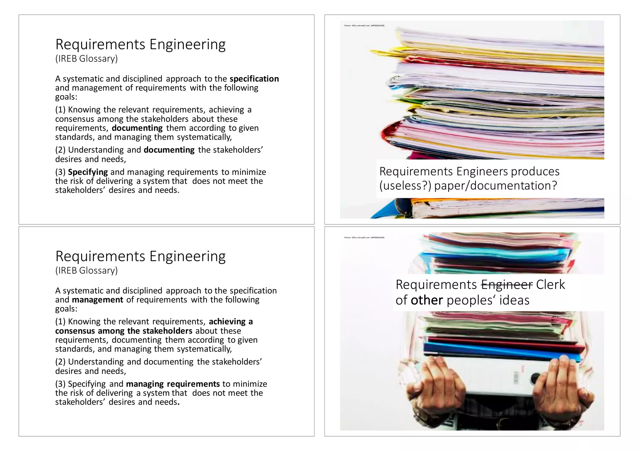 Requirements	Engineering
(IREB	Glossary)
A	systematic	and	disciplined	approach	to	the	specification
and	management	of	requirements	with	the	following	
goals:
(1)	Knowing	the	relevant	requirements,	achieving	a	
consensus	among	the	stakeholders	about	these	
requirements,	documenting	them according	to	given	
standards,	and	managing	them	systematically,
(2)	Understanding	and	documenting the	stakeholders’	
desires	and	needs,
(3)	Specifying and	managing	requirements	to	minimize	
the	risk	of	delivering	a	system	that		does	not	meet	the	
stakeholders’	desires	and	needs.
Requirements	Engineers	produces	
(useless?)	paper/documentation?
Picture:	office.microsoft.com (MP900422458)
Requirements	Engineering
(IREB	Glossary)
A	systematic	and	disciplined	approach	to	the	specification	
and	management	of	requirements	with	the	following	
goals:
(1)	Knowing	the	relevant	requirements,	achieving	a	
consensus	among	the	stakeholders about	these	
requirements,	documenting	them	according	to	given	
standards,	and	managing	them	systematically,
(2)	Understanding	and	documenting	the	stakeholders’	
desires	and	needs,
(3)	Specifying	and	managing	requirements	to	minimize	
the	risk	of	delivering	a	system	that		does	not	meet	the	
stakeholders’	desires	and	needs.
Requirements	Engineer Clerk
of	other peoples‘	ideas
Picture:	office.microsoft.com (MP900422458)
 