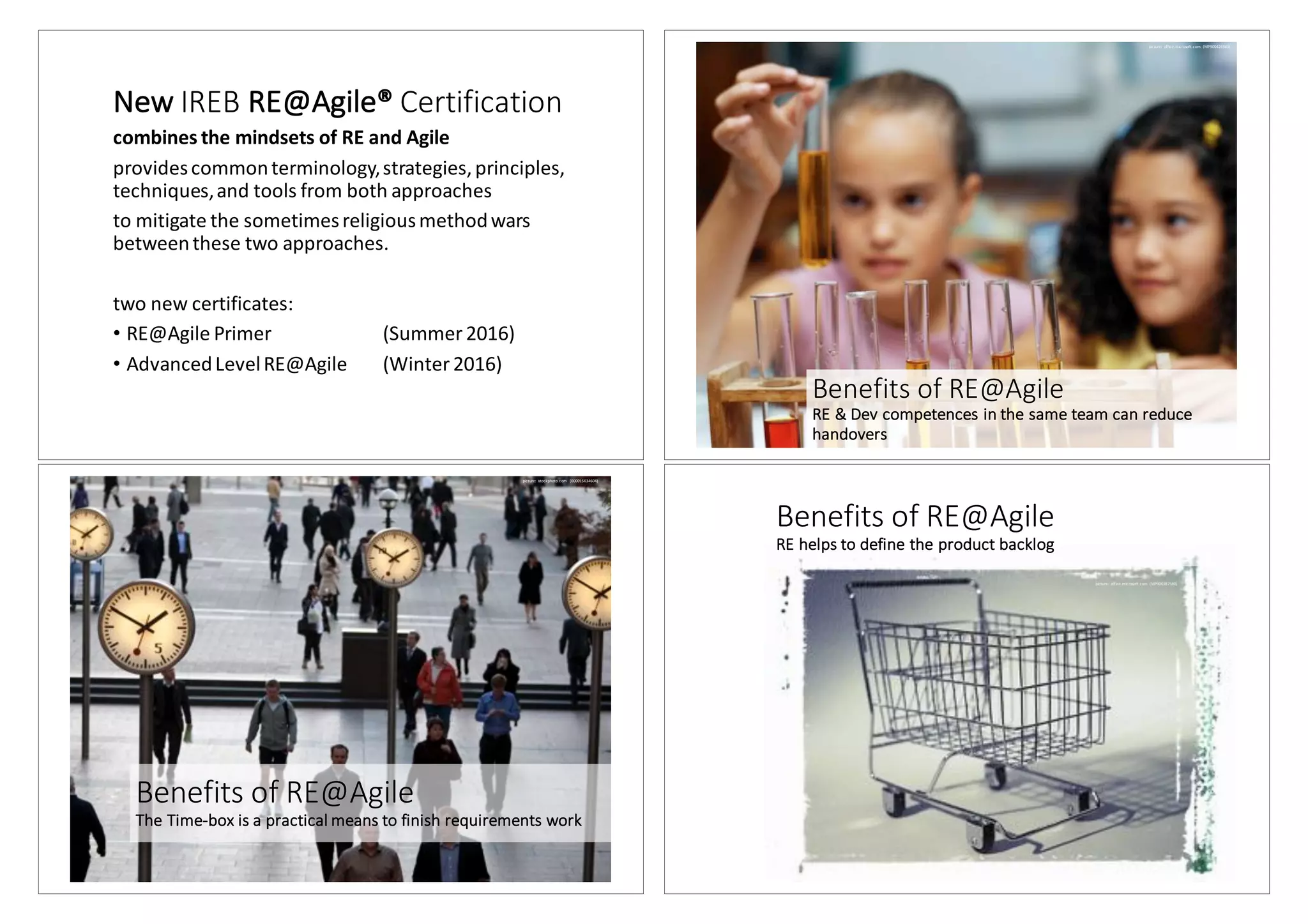 New	IREB	RE@Agile® Certification
combines	the	mindsets	of	RE	and	Agile
provides	common	terminology,	strategies,	principles,	
techniques,	and	tools	from	both	approaches	
to	mitigate	the	sometimes	religious	method	wars	
between	these	two	approaches.
two	new	certificates:
• RE@Agile	Primer	 (Summer	2016)
• Advanced	Level	RE@Agile	 (Winter	2016)
Benefits of	RE@Agile
RE	&	Dev	competences	in	the	same	team	can	reduce	
handovers
picture:	office.microsoft.com	 (MP900426563)
Benefits of	RE@Agile
The	Time-box	is	a	practical	means	to	finish	requirements	work
picture:	istockphoto.com (000015634604)
Benefits of	RE@Agile
RE	helps	to	define	the	product	backlog
picture:	office.microsoft.com (MP900387580)
 