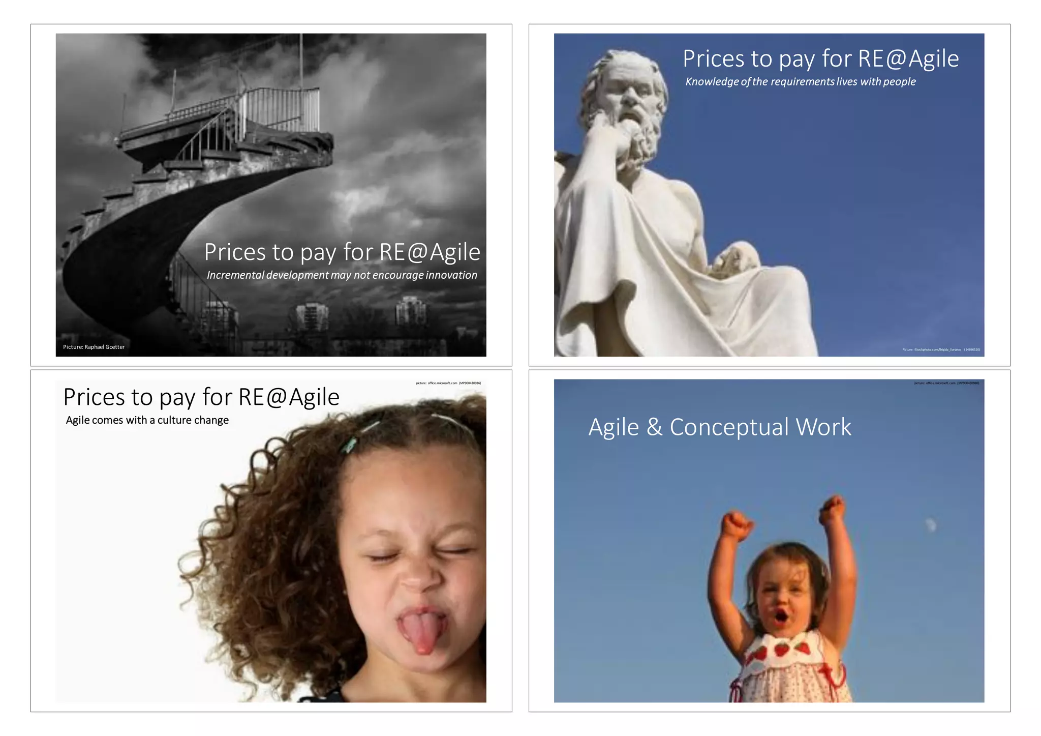 Prices	to pay for	RE@Agile
Incremental	development	may	not	encourage	innovation
Picture:	Raphael	Goetter
Prices	to pay for	RE@Agile
Knowledge	of	the	requirements	lives	with	people
Picture:	iStockphoto.com/Brigida_Soriano	 (14696510)	
Prices	to pay for	RE@Agile
Agile	comes	with	a	culture	change
picture:	office.microsoft.com (MP900430986)
Agile	&	Conceptual Work
picture:	office.microsoft.com (MP900430986)
 