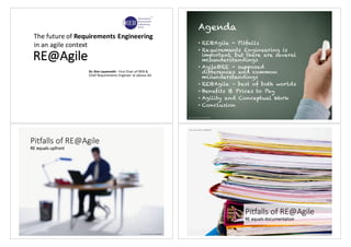 RE@Agile
Dr.	Kim	Lauenroth	- First	Chair	of	IREB	&	
Chief	Requirements	Engineer	at	adesso	AG
The	future of	Requirements	Engineering	
in	an	agile	context
Agenda
• RE@Agile - Pitfalls
• Requirements Engineering is
important, but there are several
misunderstandings
• Agile@RE - supposed
differences and common
misunderstandings
• RE@Agile – best of both worlds
• Benefits & Prices to Pay
• Agility and Conceptual Work
• Conclusion
Picture:	office.microsoft.com	 (MP900443152)
Pitfalls of	RE@Agile
RE	equals upfront
Picture:	office.microsoft.com	 (MP900385568)
Pitfalls of	RE@Agile
RE	equals documentation
Picture:	office.microsoft.com (MP900422458)
 