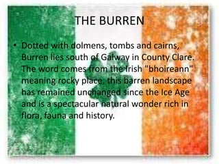 THE BURREN
• Dotted with dolmens, tombs and cairns,
Burren lies south of Galway in County Clare.
The word comes from the Irish "bhoireann"
meaning rocky place, this barren landscape
has remained unchanged since the Ice Age
and is a spectacular natural wonder rich in
flora, fauna and history.
 